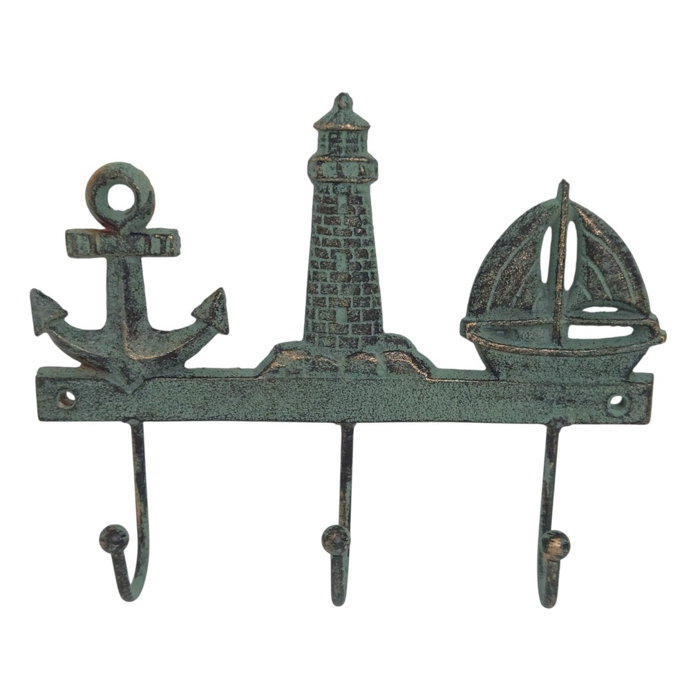 Cast Iron Green Metal Beach Nautical 3 Hook Key Holder- Anchor, Lighthouse, Boat